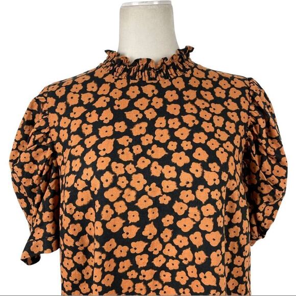 Who What Wear Stamped Floral Shift Dress Black Linen Blend Medium Puff Shoulders - Picture 4 of 16